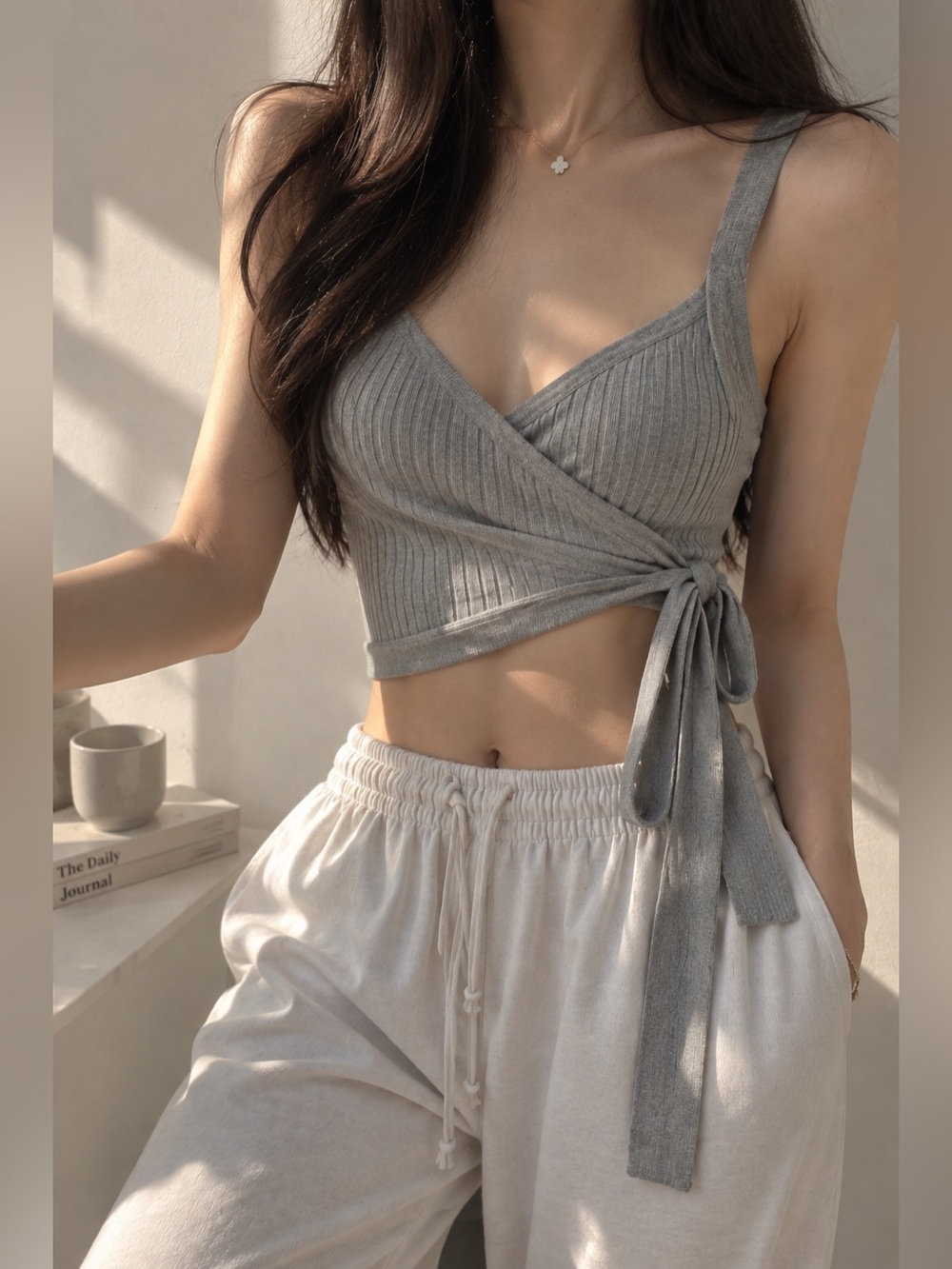 Light Gray Ribbed Wrap Knit Crop Top